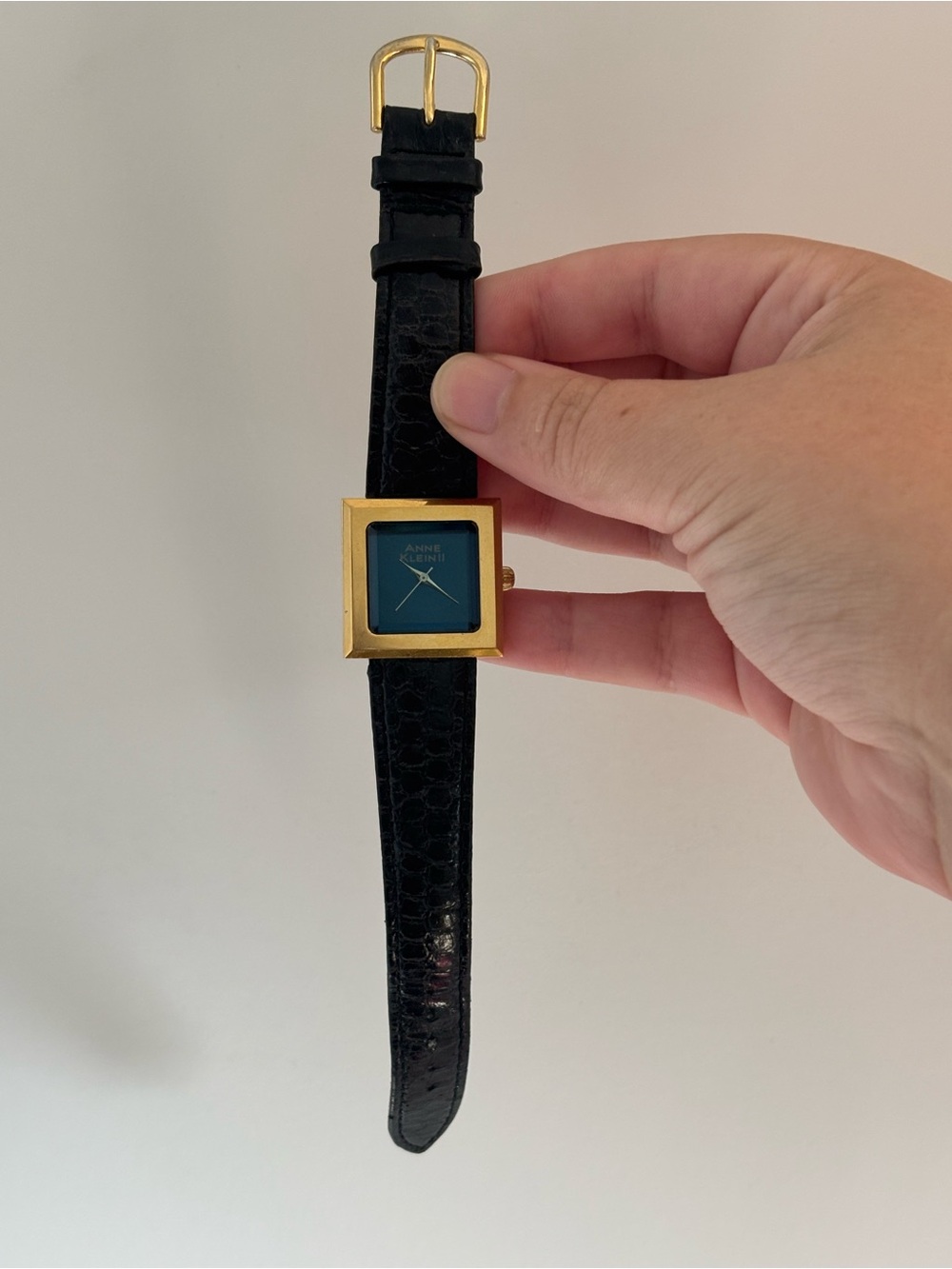 Anne Klein Gold Square Case Watch with Blue Dial and Black Leather Strap